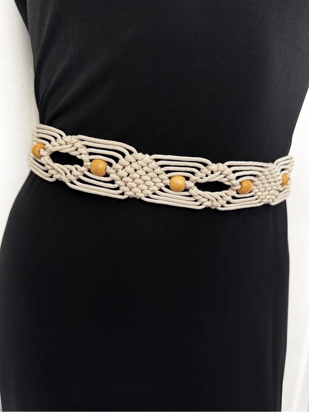 Boho Macrame Tie Belt in Cream with Wooden Beads